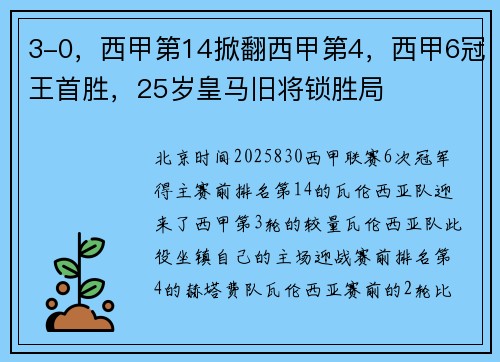 3-0，西甲第14掀翻西甲第4，西甲6冠王首胜，25岁皇马旧将锁胜局